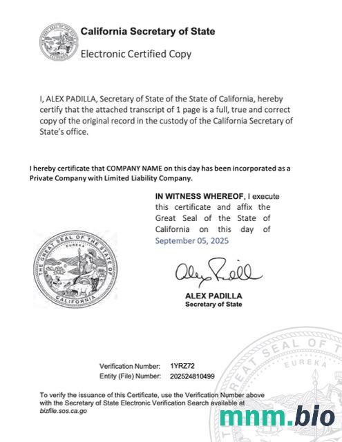 USA California electronic registration vcertyfikat Word i szablon PDF